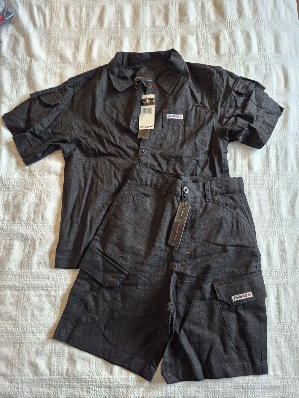 Vintage Fubu boys size 6 black linen/cotton blend buttonup shirt & shorts NWT
